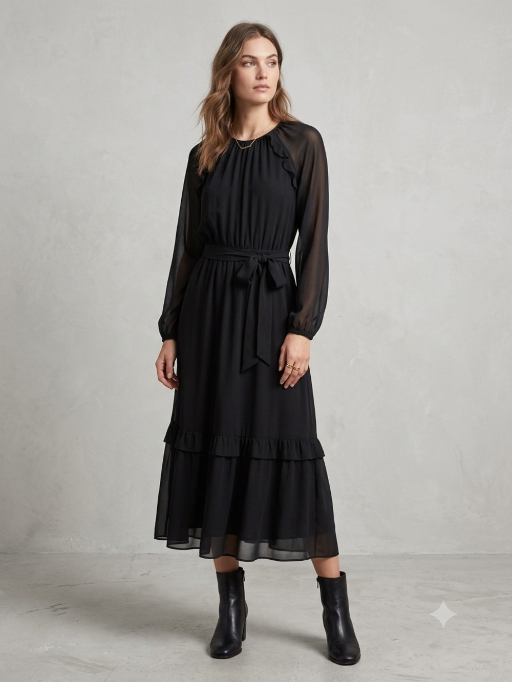 Aritzia Little Moon Black Chiffon Tiered Boho Maxi Dress With Belt